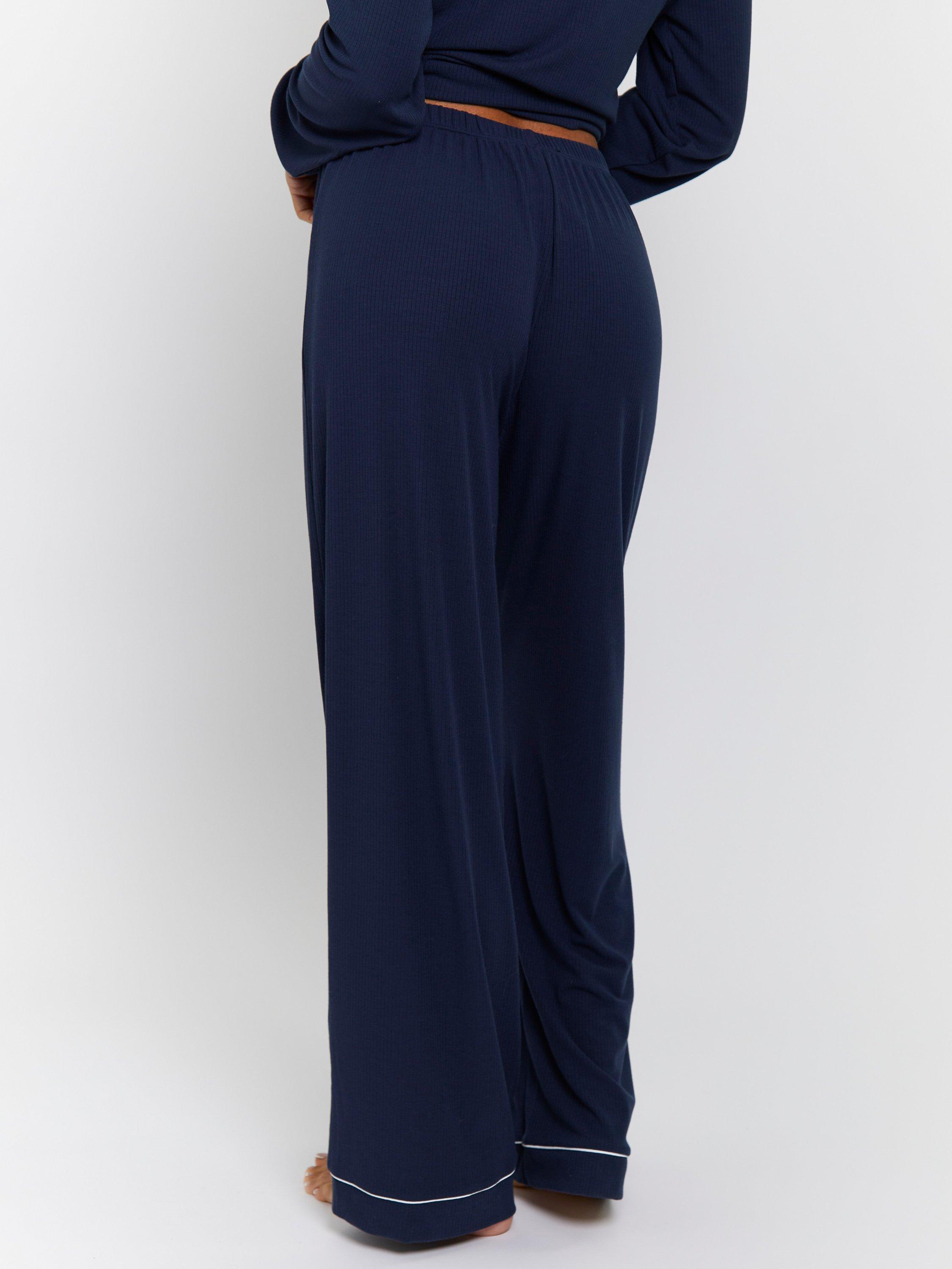 Product image 5 of 6, which shows Loungeable Ribbed Traditional Long Pyjama Set, Navy, XS