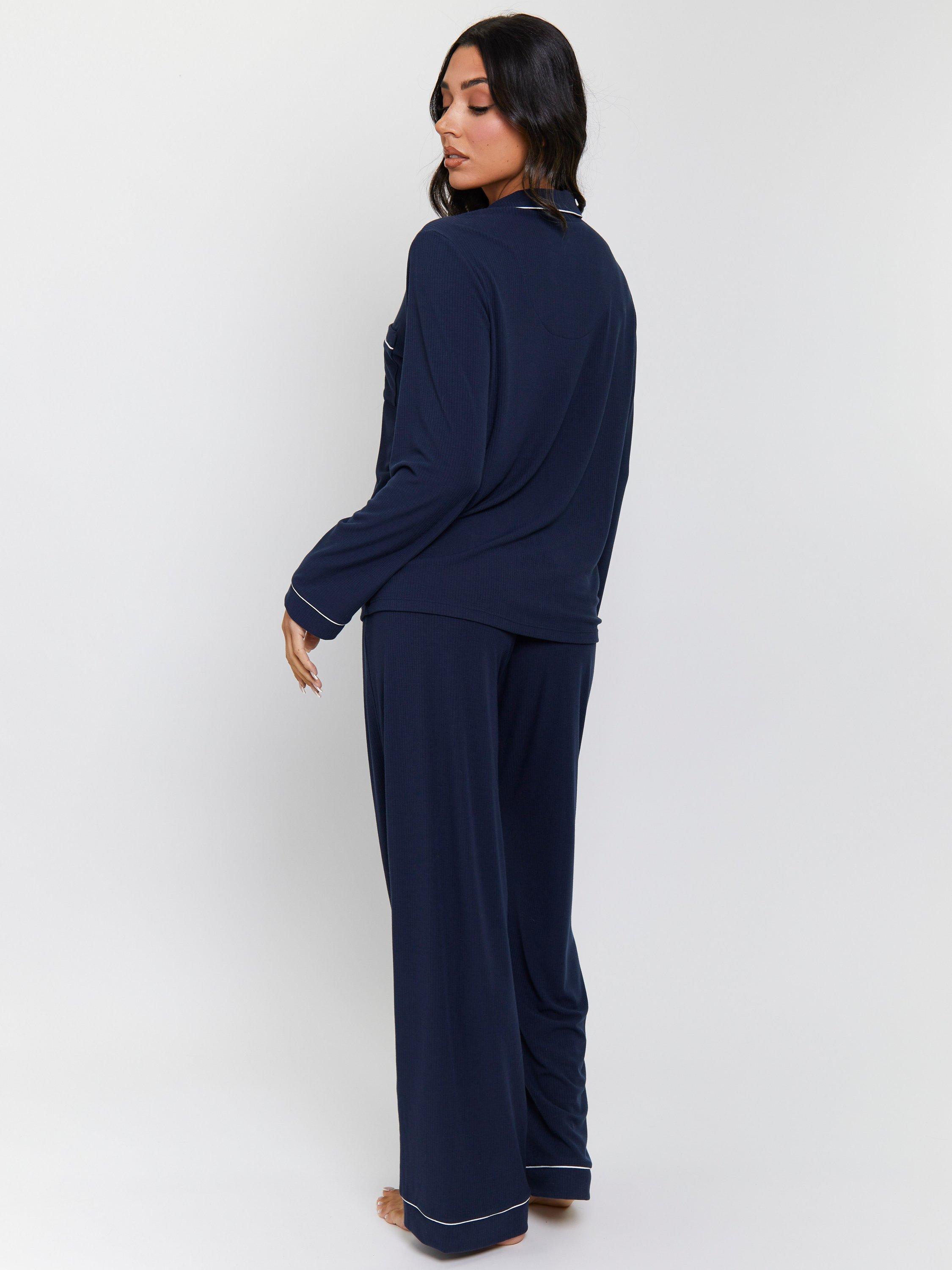 Product image 6 of 6, which shows Loungeable Ribbed Traditional Long Pyjama Set, Navy, XS