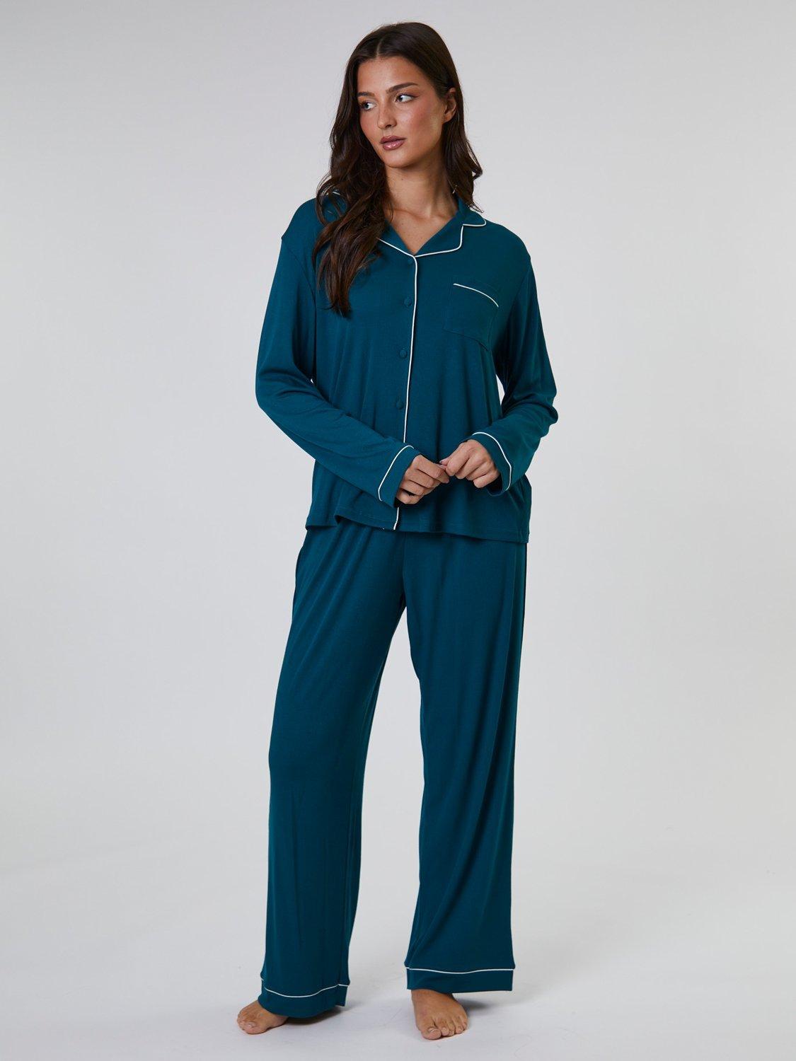 Product image 1 of 5, which shows Loungeable Ribbed Traditional Long Pyjama Set, Green, XS