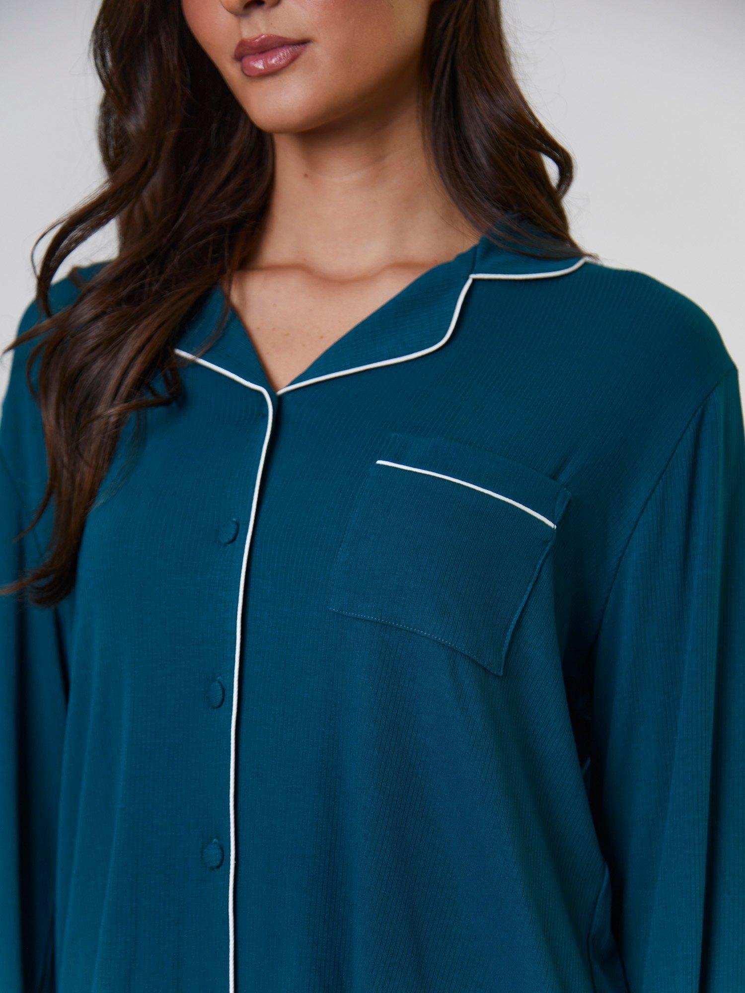 Product image 3 of 5, which shows Loungeable Ribbed Traditional Long Pyjama Set, Green, XS