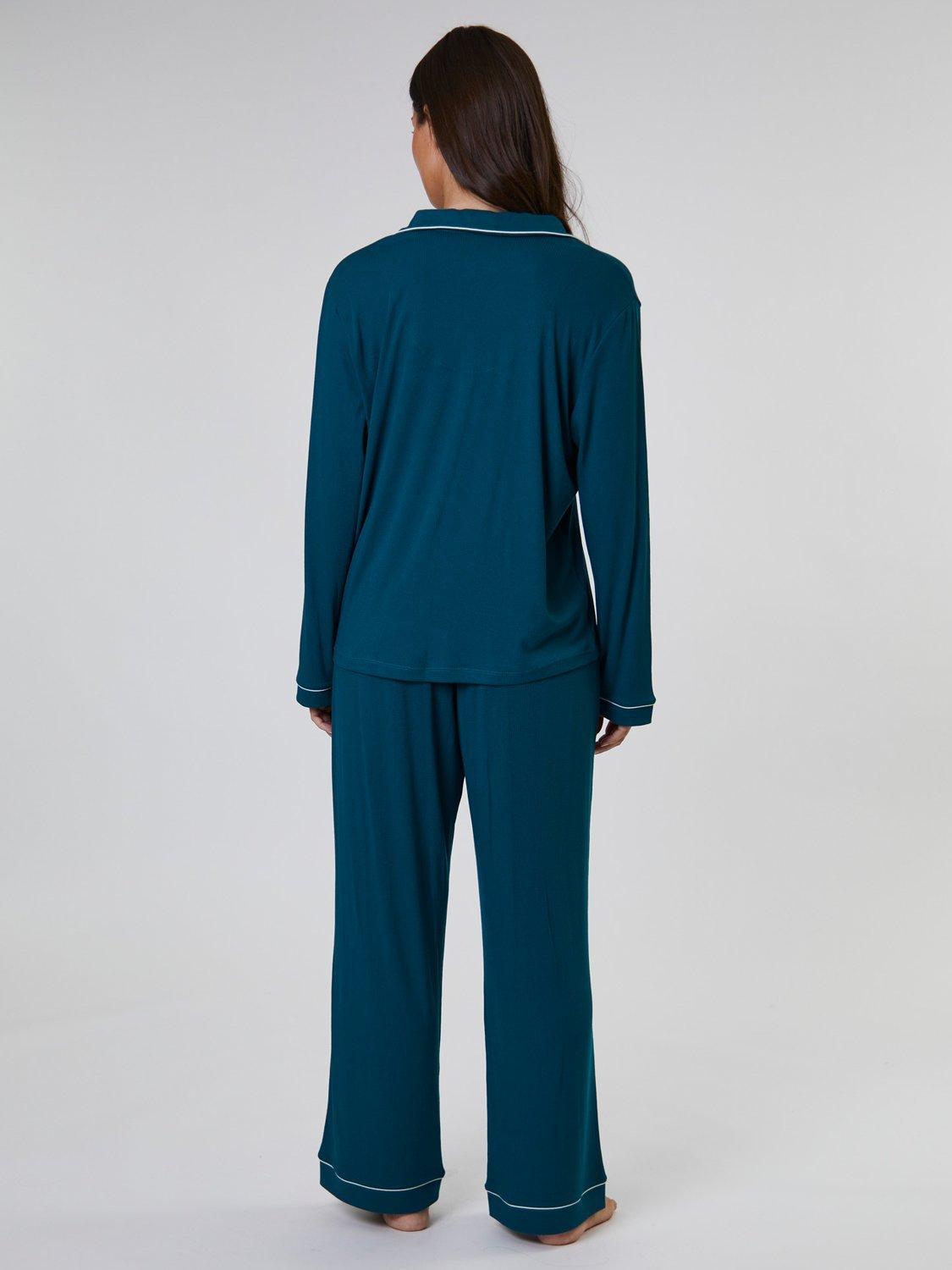 Product image 4 of 5, which shows Loungeable Ribbed Traditional Long Pyjama Set, Green, XS