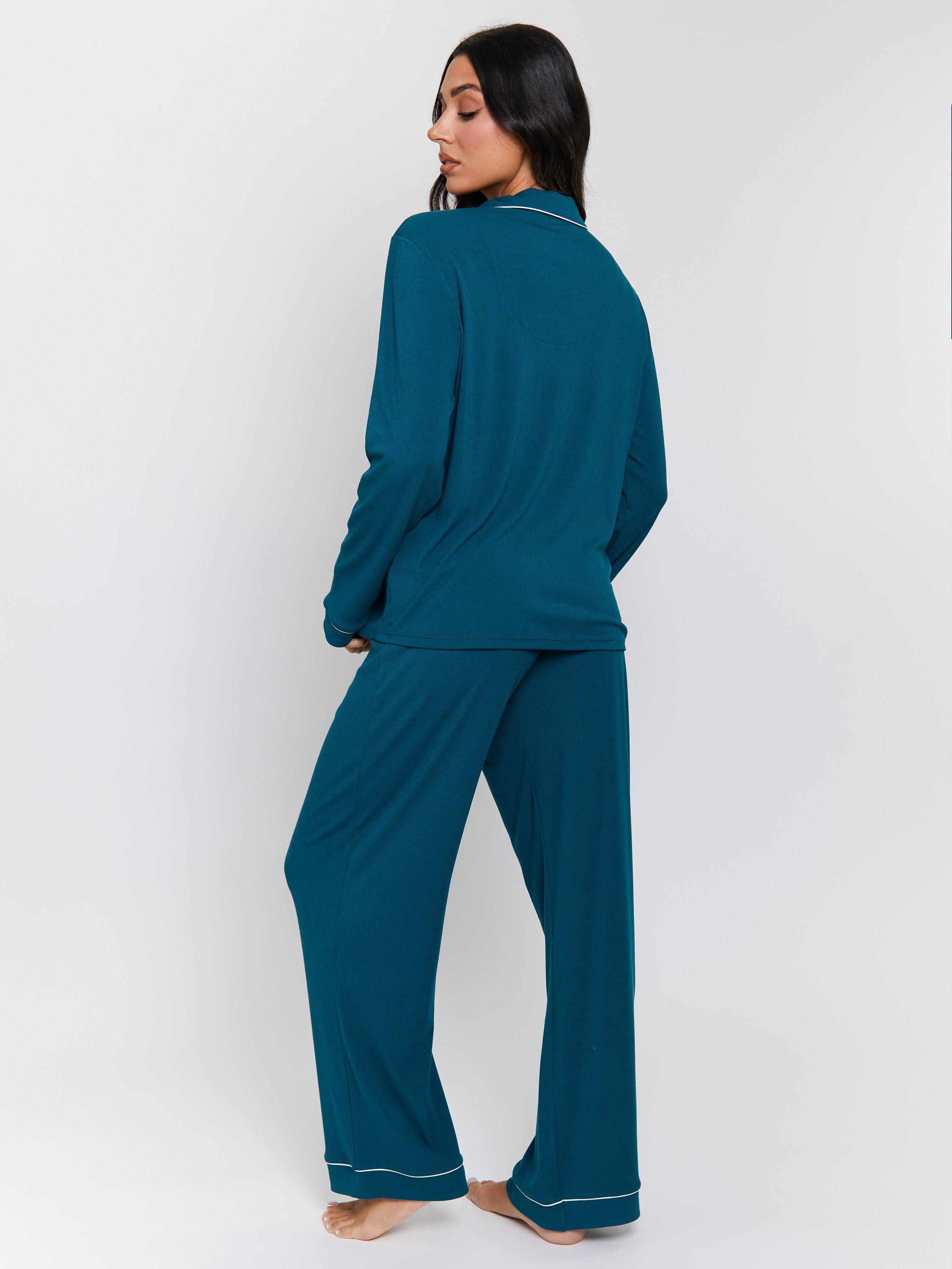 Product image 5 of 5, which shows Loungeable Ribbed Traditional Long Pyjama Set, Green, XS
