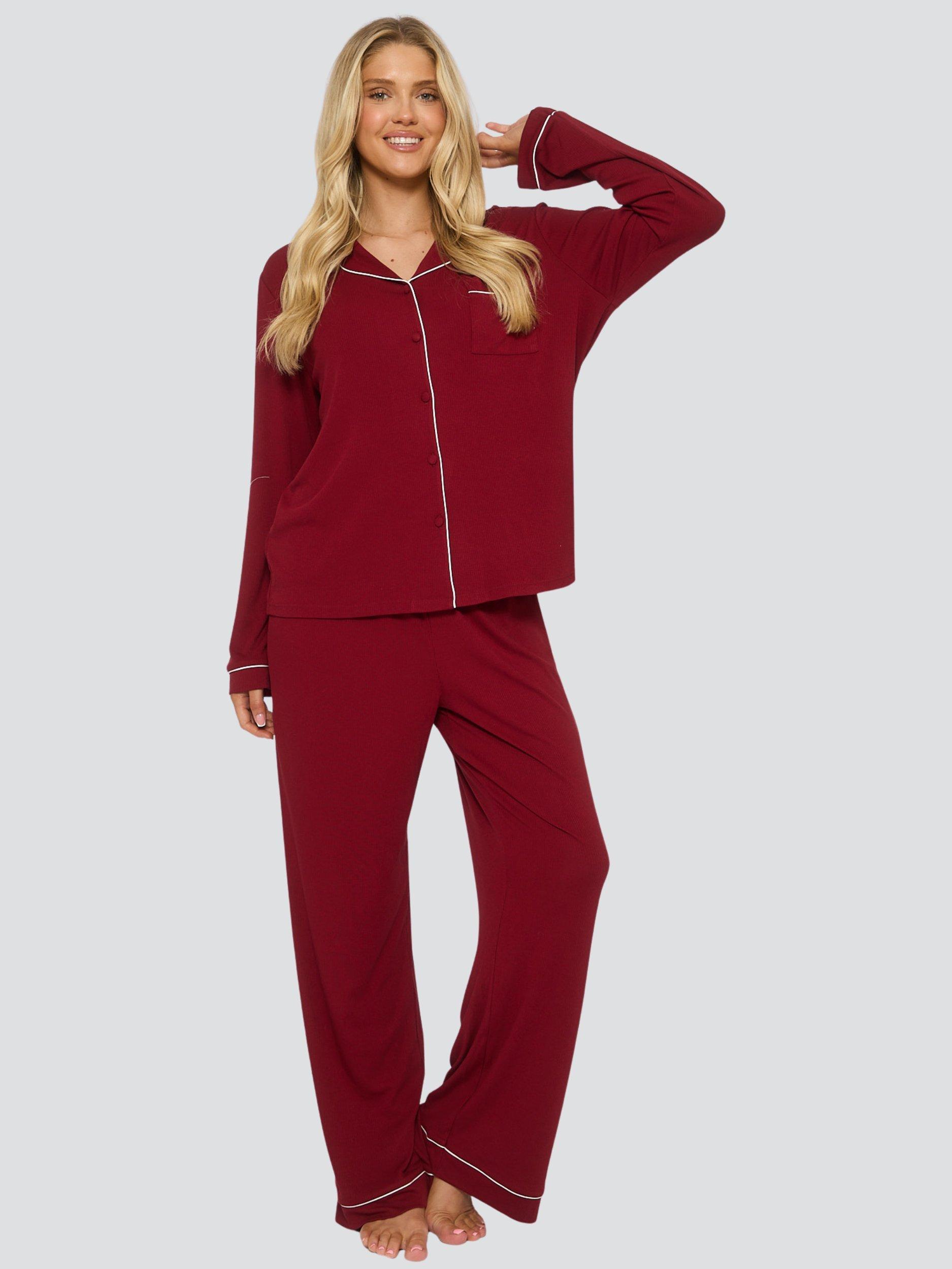 Product image 1 of 4, which shows Loungeable Ribbed Traditional Long Pyjama Set, Red, XS