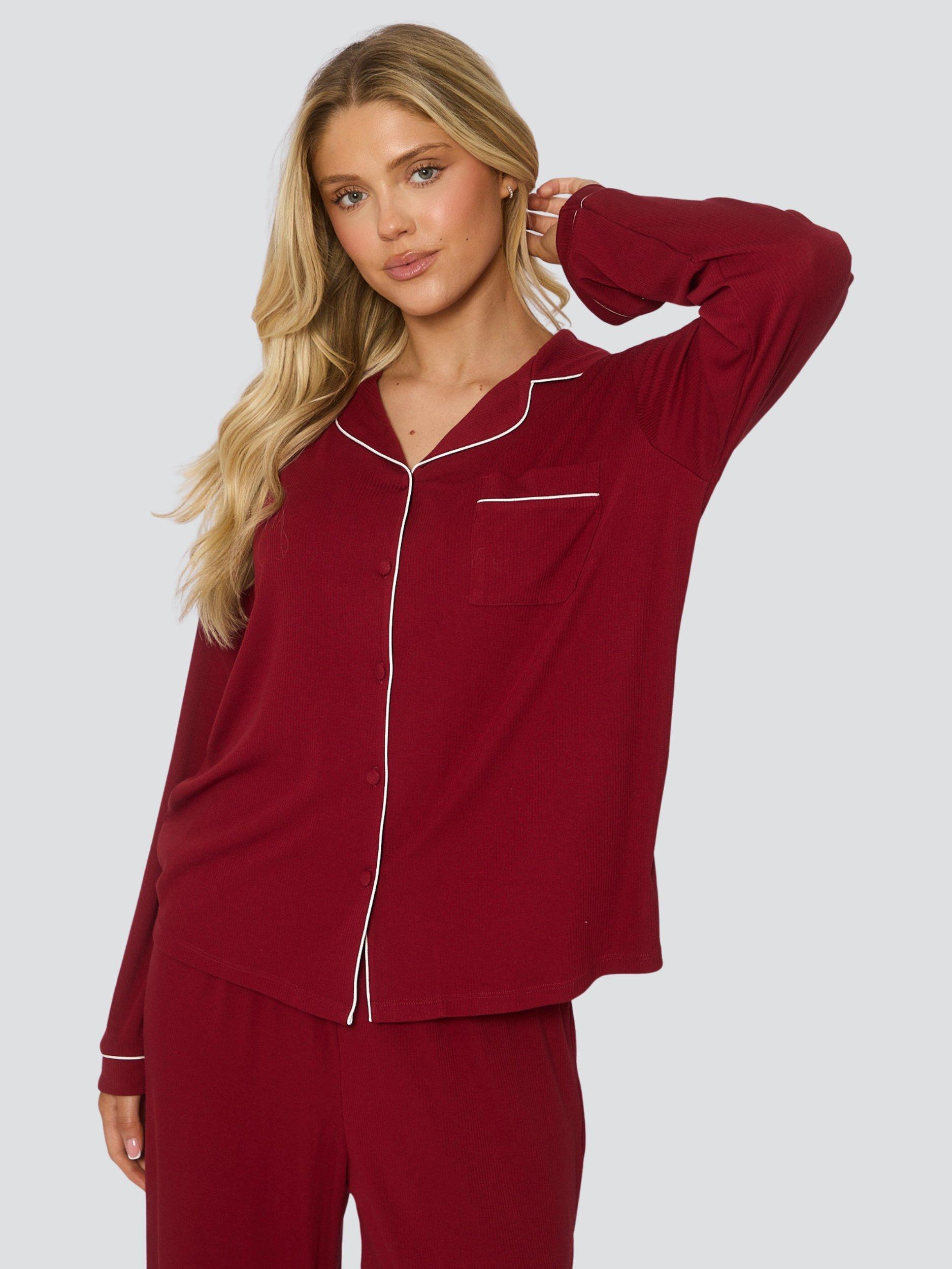 Product image 2 of 4, which shows Loungeable Ribbed Traditional Long Pyjama Set, Red, XS
