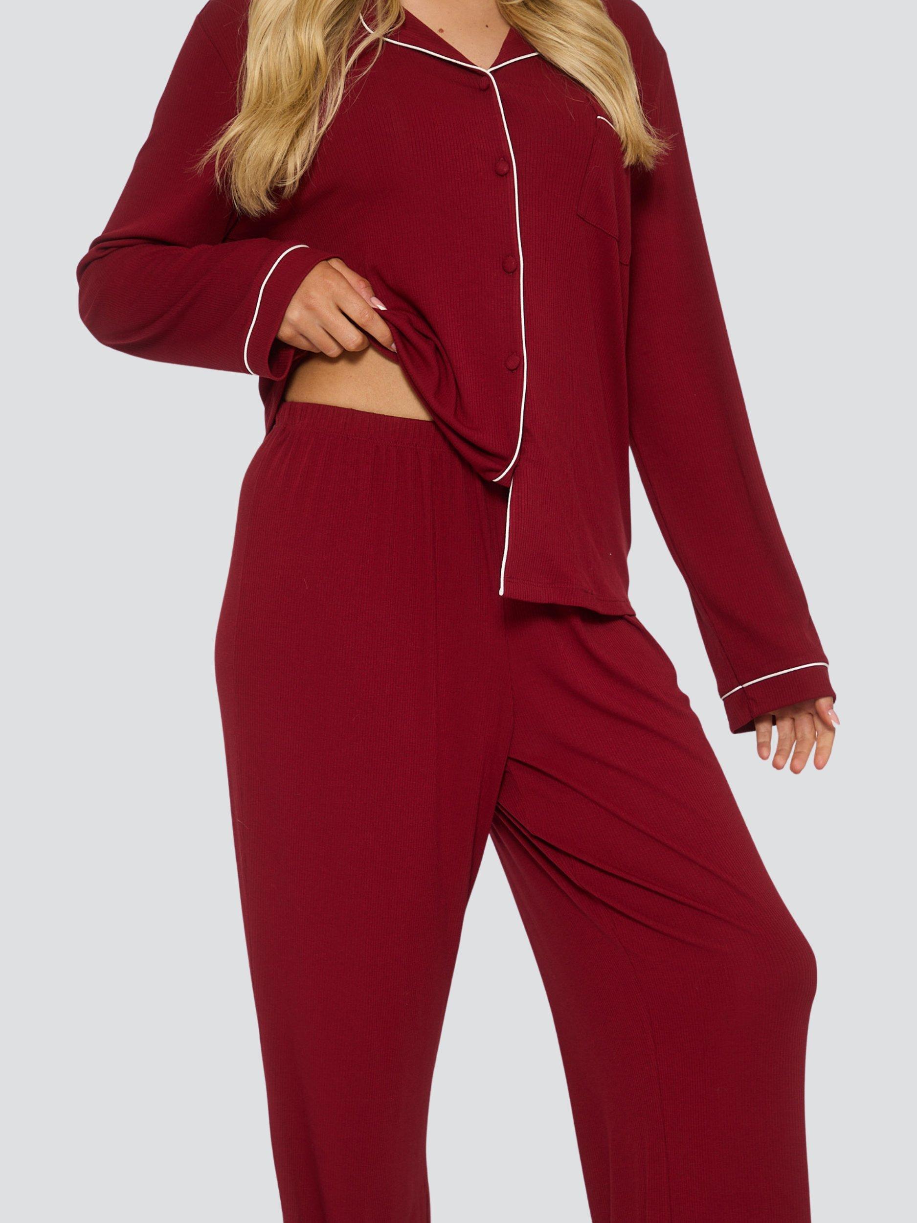 Product image 3 of 4, which shows Loungeable Ribbed Traditional Long Pyjama Set, Red, XS
