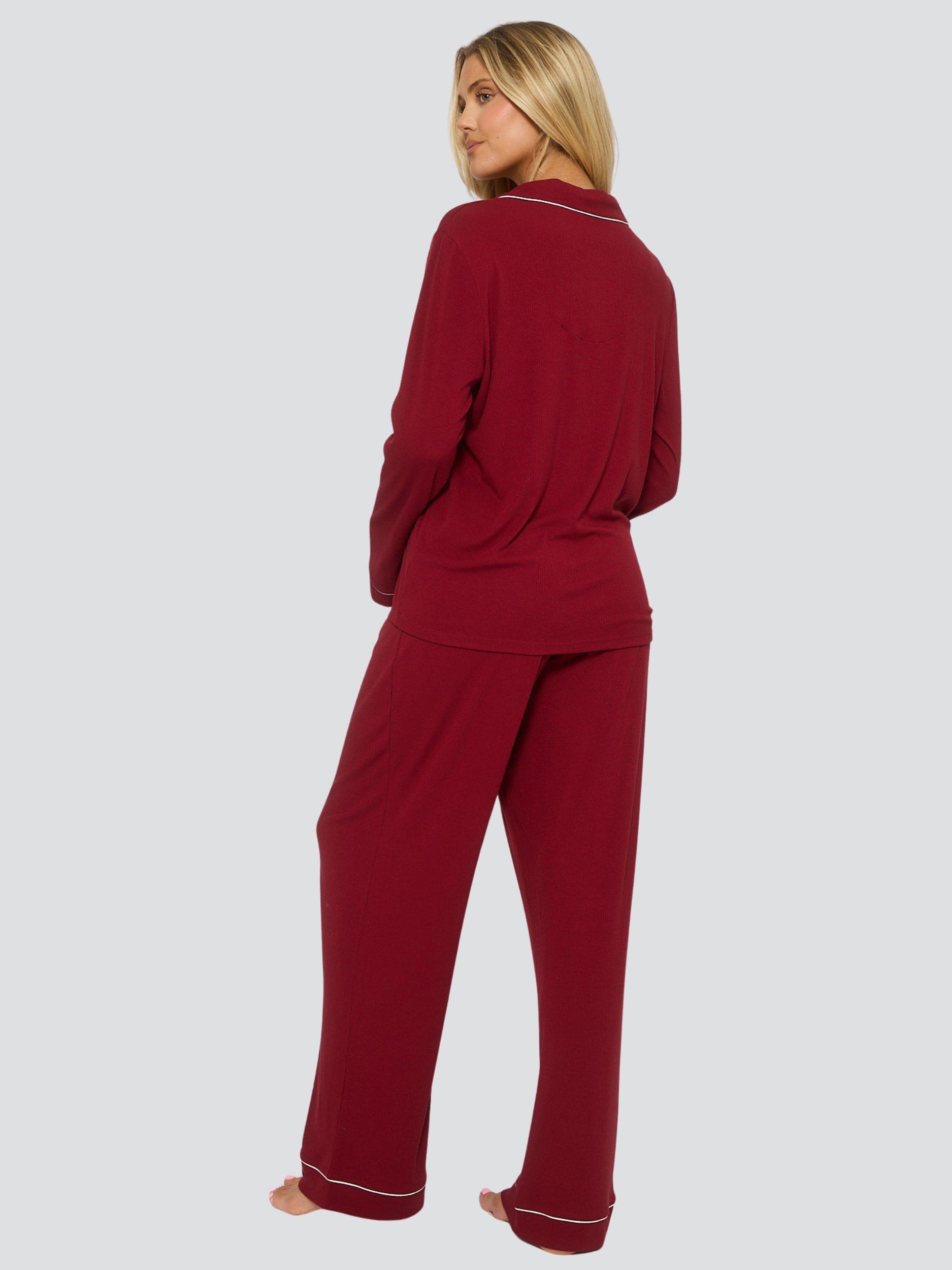 Product image 4 of 4, which shows Loungeable Ribbed Traditional Long Pyjama Set, Red, XS