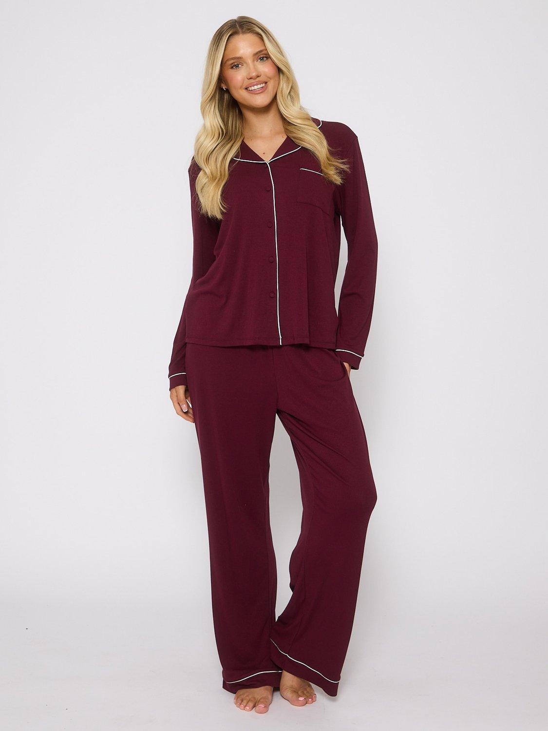 Product image 1 of 5, which shows Loungeable Ribbed Traditional Long Pyjama Set, Purple, XS