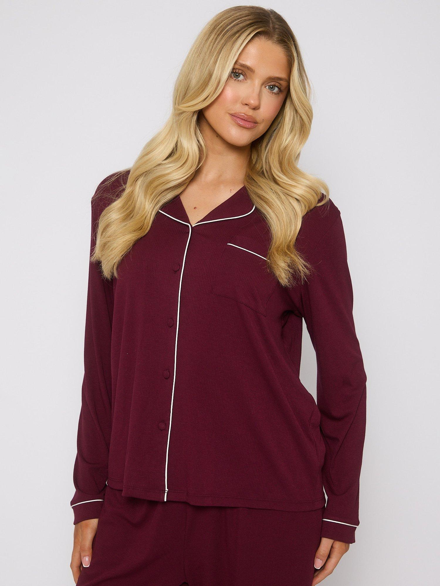 Product image 3 of 5, which shows Loungeable Ribbed Traditional Long Pyjama Set, Purple, XS