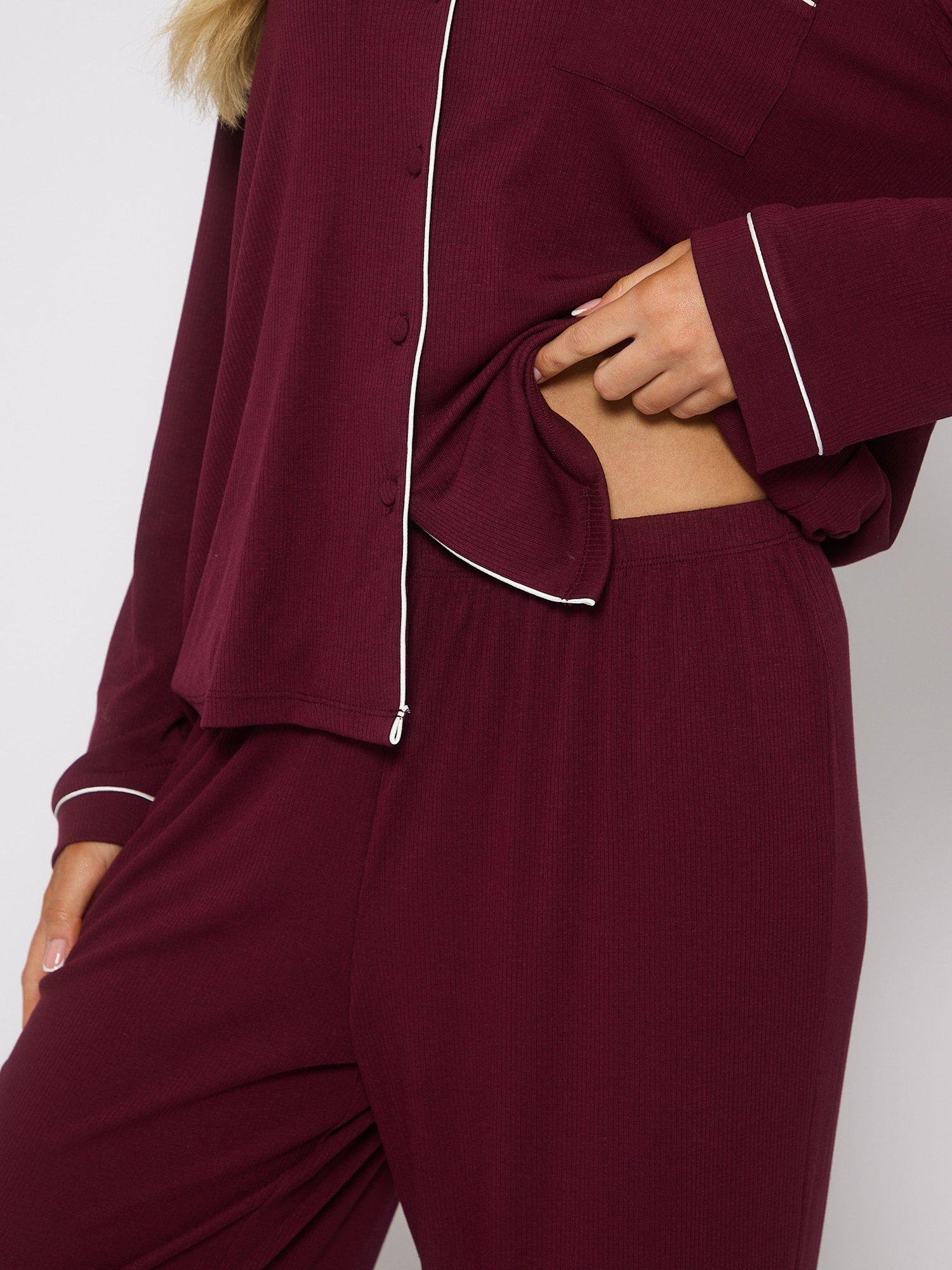 Product image 4 of 5, which shows Loungeable Ribbed Traditional Long Pyjama Set, Purple, XS