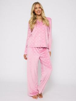 Loungeable Heart Embossed Super Soft Velour Pyjamas, Pink, Pink
