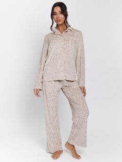 Loungeable Leopard Super Soft Velour Ribbed Pyjamas, Beige, Beige