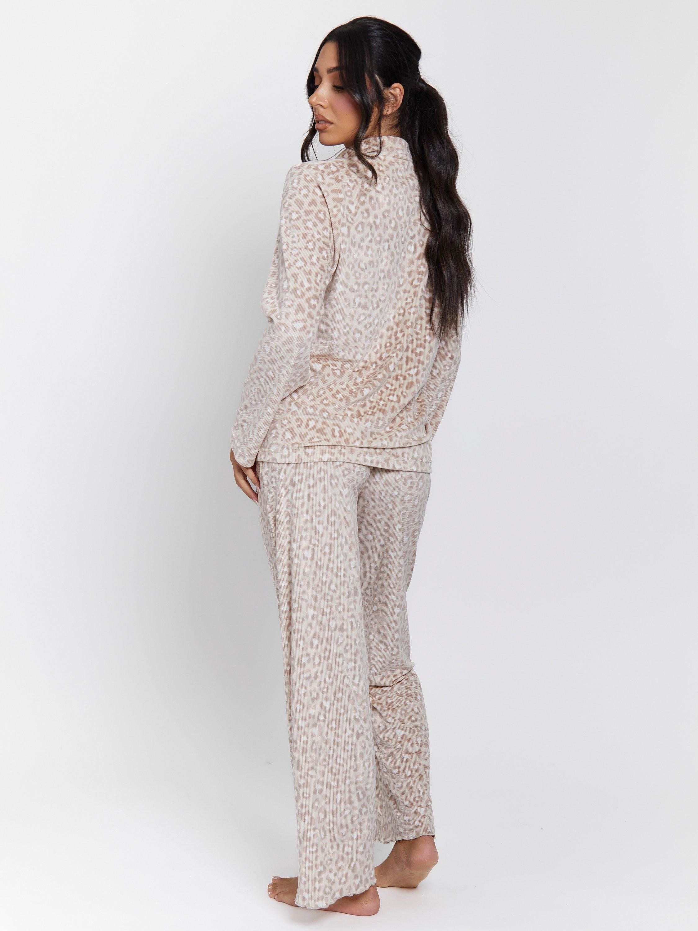 Product image 5 of 5, which shows Loungeable Leopard Super Soft Velour Ribbed Pyjamas, Beige, L