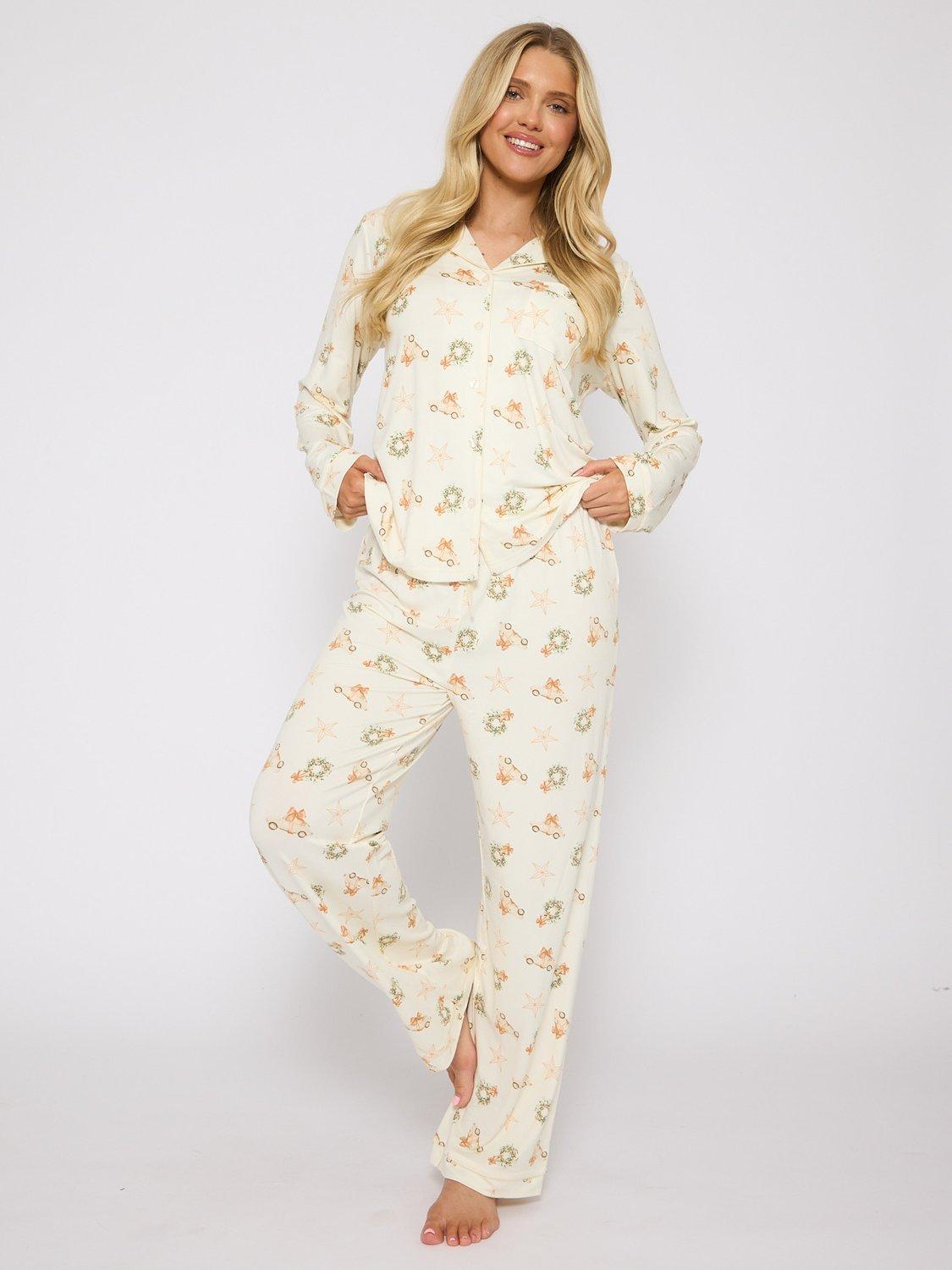 Product image 1 of 5, which shows Loungeable Christmas Long Pyjama Set, Cream, L