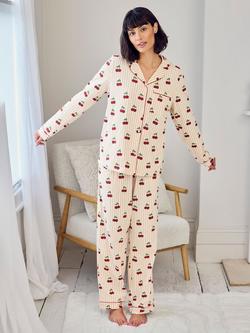 Chelsea Peers Cherry Stripe Button Through Long Pyjama Set, Off White, Off White