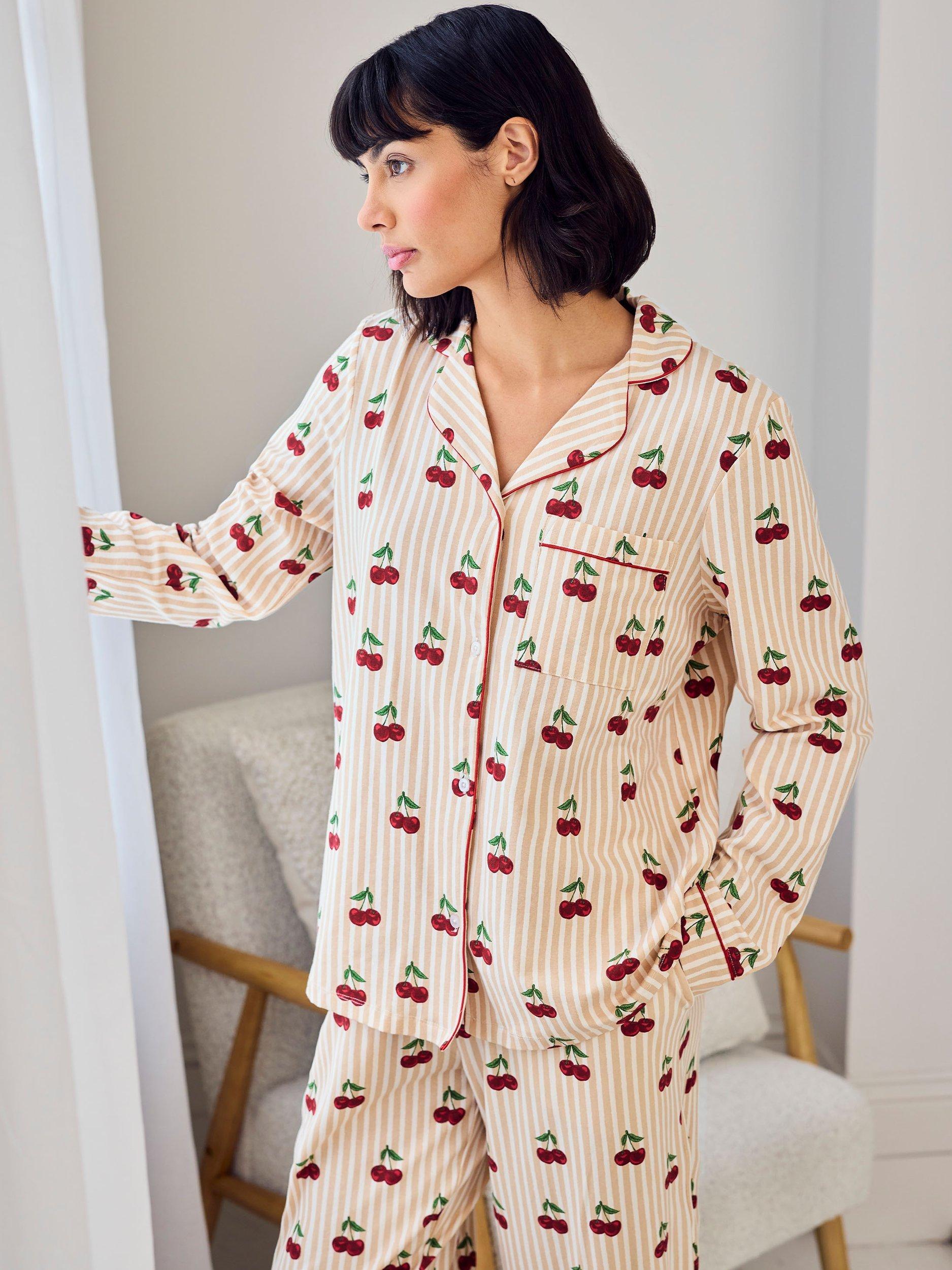 Product image 2 of 6, which shows Chelsea Peers Cherry Stripe Button Through Long Pyjama Set, Off White, 8