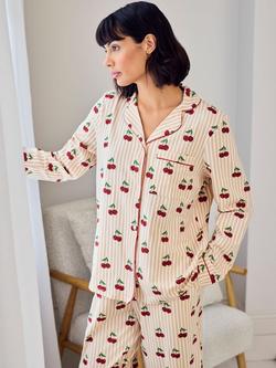 Chelsea Peers Cherry Stripe Button Through Long Pyjama Set, Off White - view 2, Off White