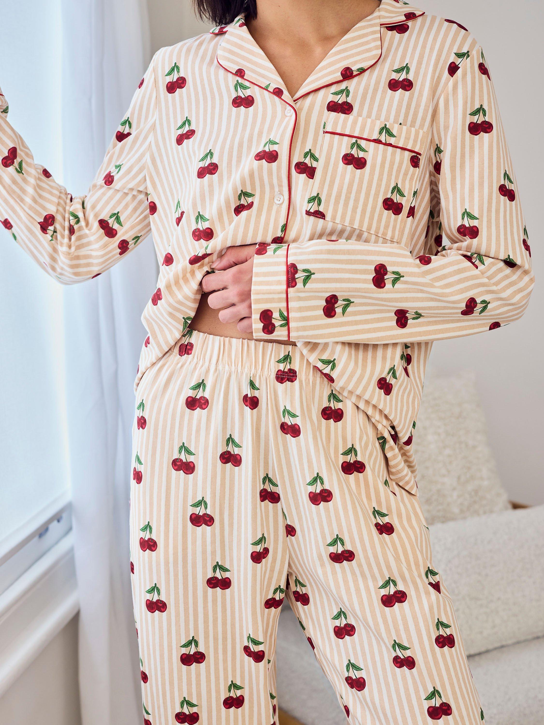 Product image 3 of 6, which shows Chelsea Peers Cherry Stripe Button Through Long Pyjama Set, Off White, 8