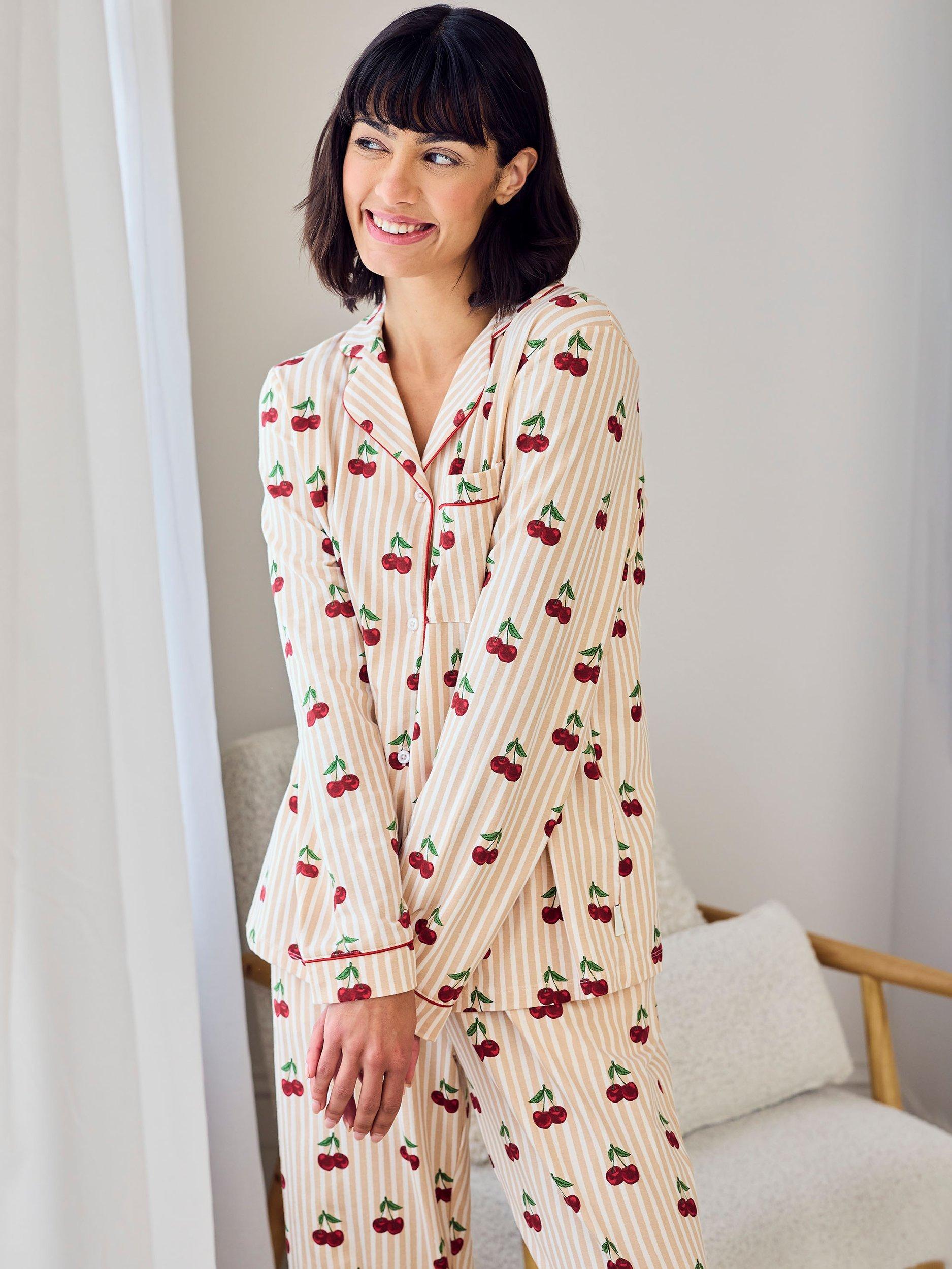 Product image 5 of 6, which shows Chelsea Peers Cherry Stripe Button Through Long Pyjama Set, Off White, 8