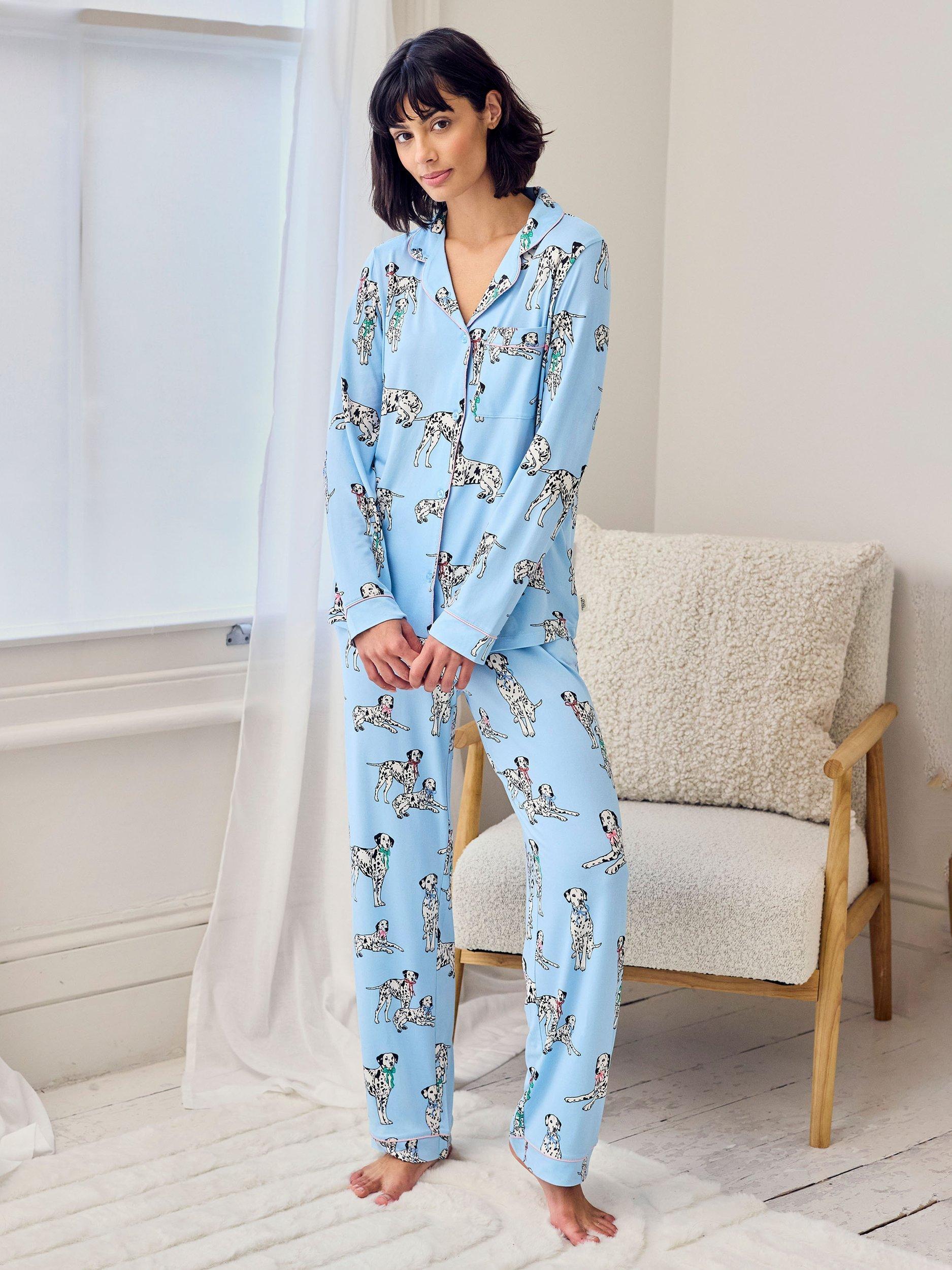 Product image 1 of 5, which shows Chelsea Peers Dalmatian Bow Button Through Long Pyjama Set, Blue, 8