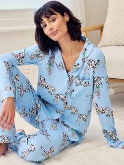 Chelsea Peers Dalmatian Bow Button Through Long Pyjama Set, Blue - view 2, Blue