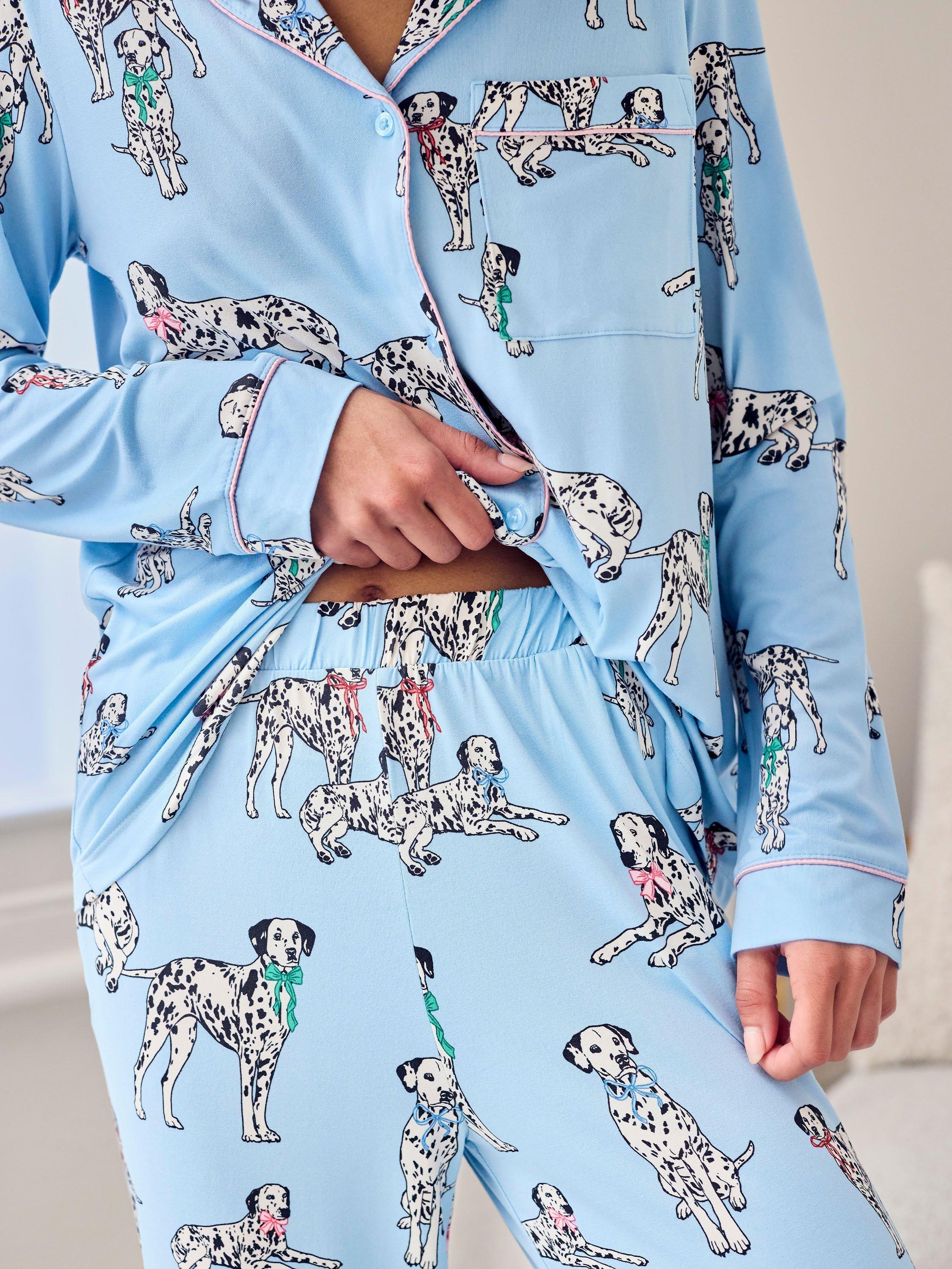 Product image 3 of 5, which shows Chelsea Peers Dalmatian Bow Button Through Long Pyjama Set, Blue, 8