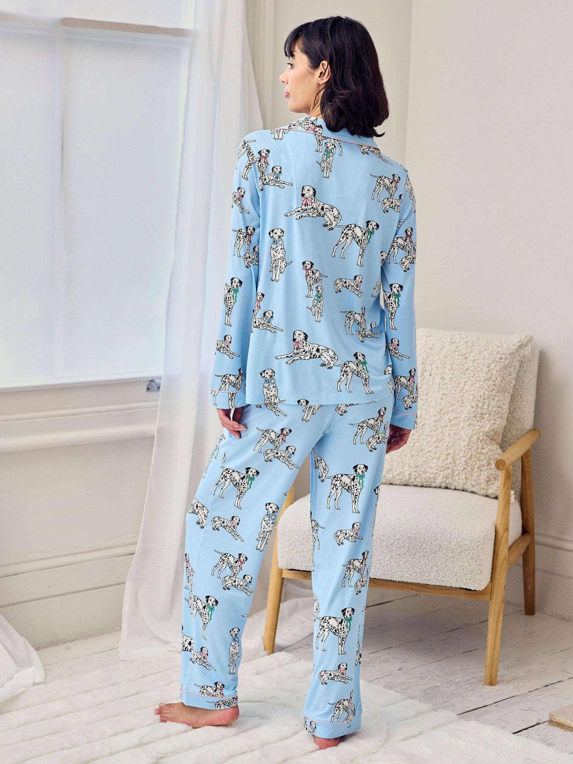 Product image 4 of 5, which shows Chelsea Peers Dalmatian Bow Button Through Long Pyjama Set, Blue, 8