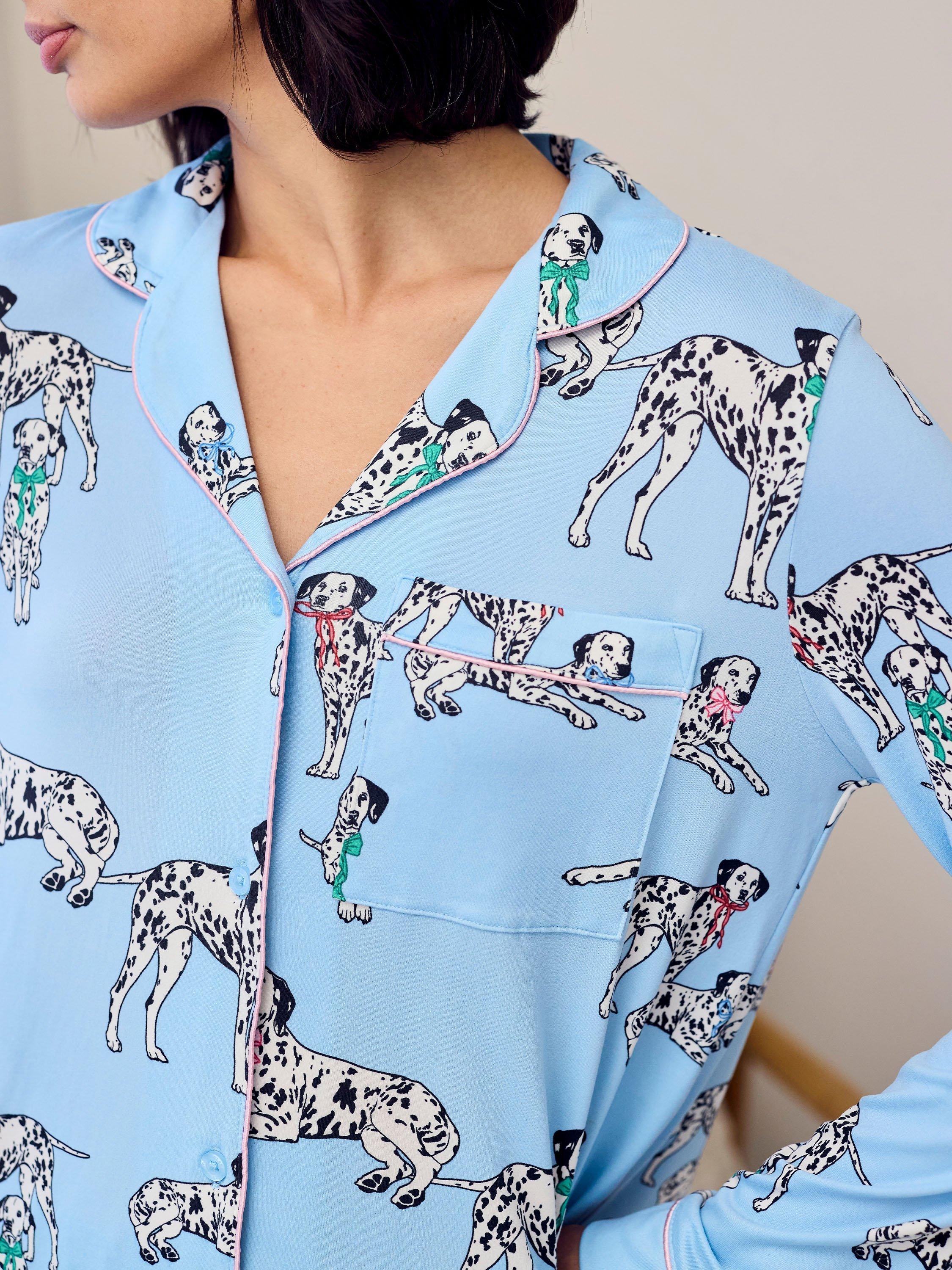 Product image 5 of 5, which shows Chelsea Peers Dalmatian Bow Button Through Long Pyjama Set, Blue, 8