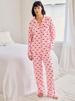 Chelsea Peers Heart Wave Button Through Long Pyjama Set, Pink, Pink