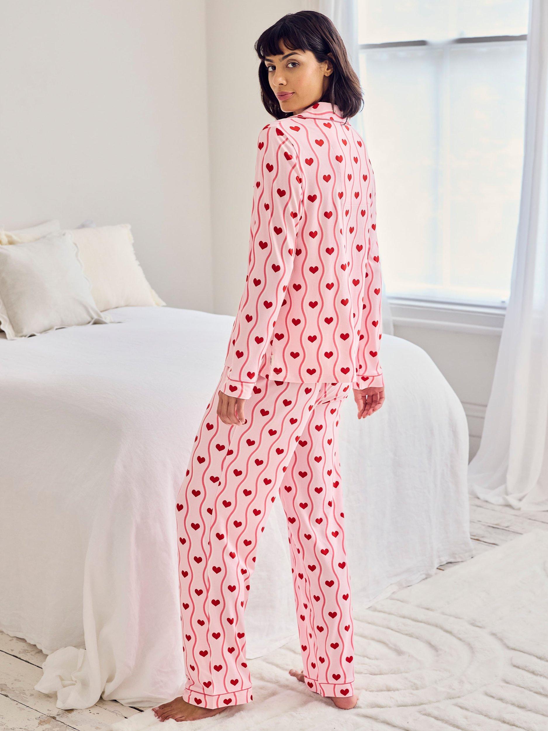 Product image 4 of 6, which shows Chelsea Peers Heart Wave Button Through Long Pyjama Set, Pink, 8