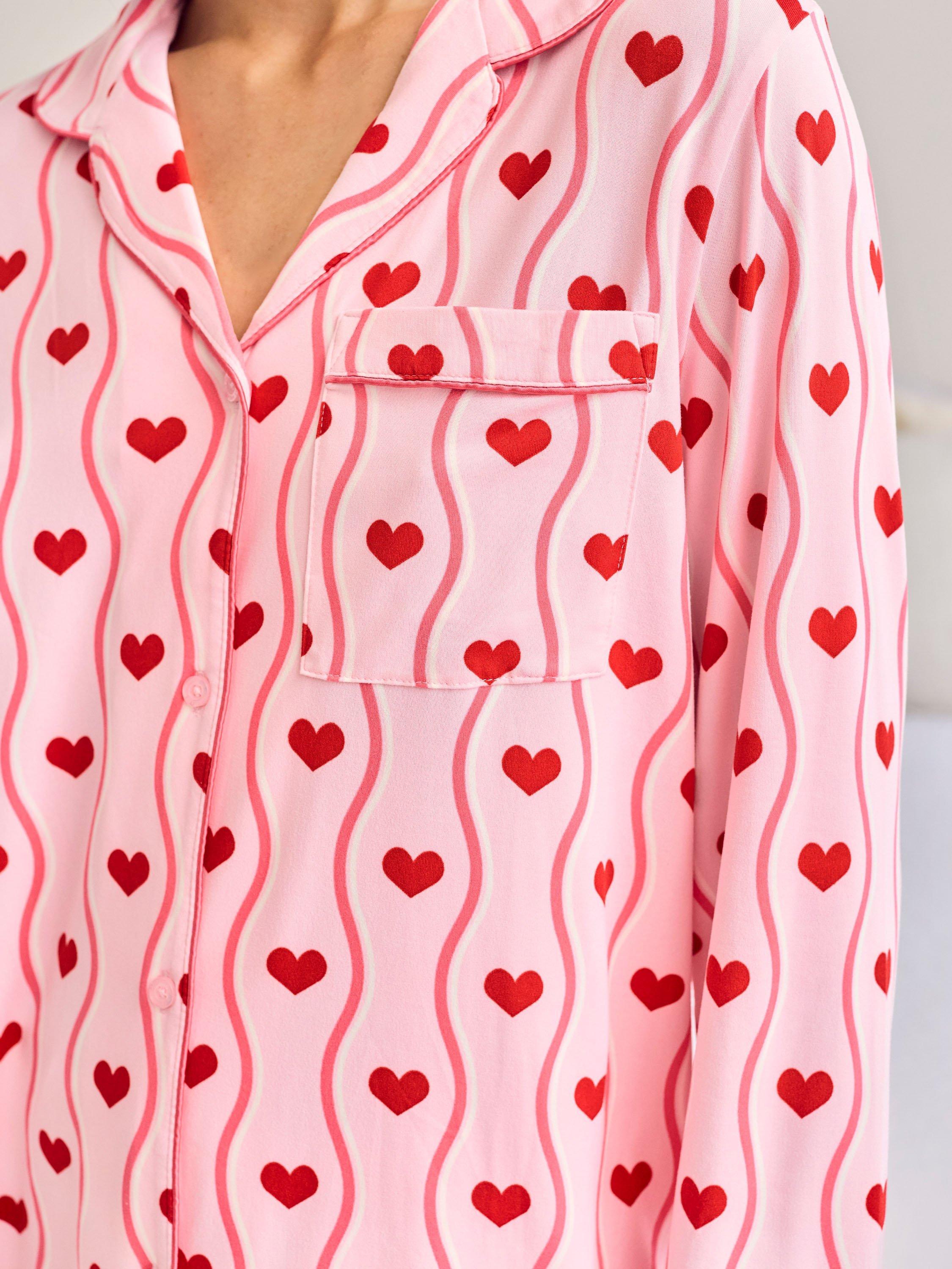 Product image 6 of 6, which shows Chelsea Peers Heart Wave Button Through Long Pyjama Set, Pink, 8