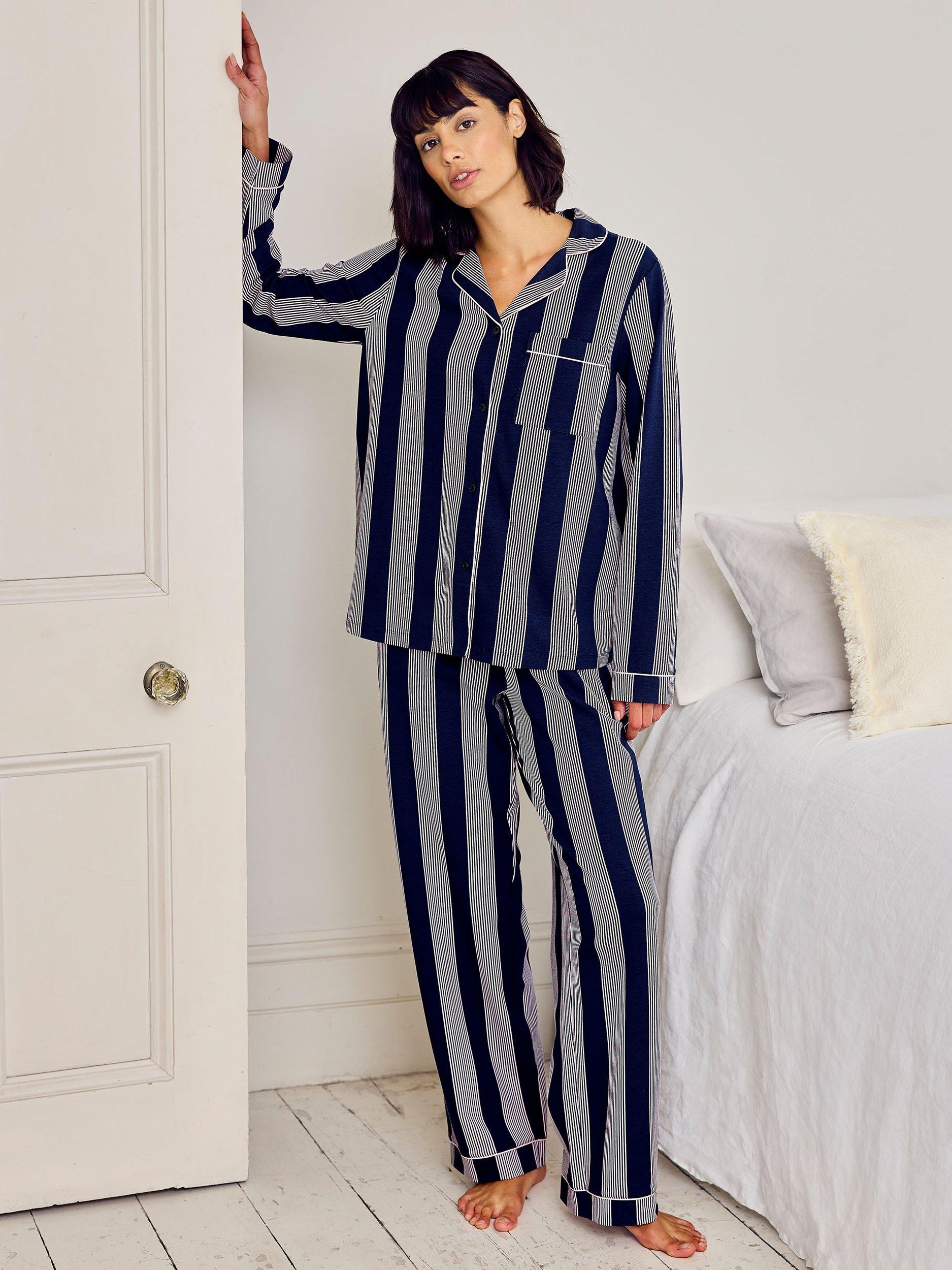 Product image 1 of 5, which shows Chelsea Peers Stripe Button Through Long Pyjama Set, Navy, 8