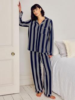 Chelsea Peers Stripe Button Through Long Pyjama Set, Navy, Navy