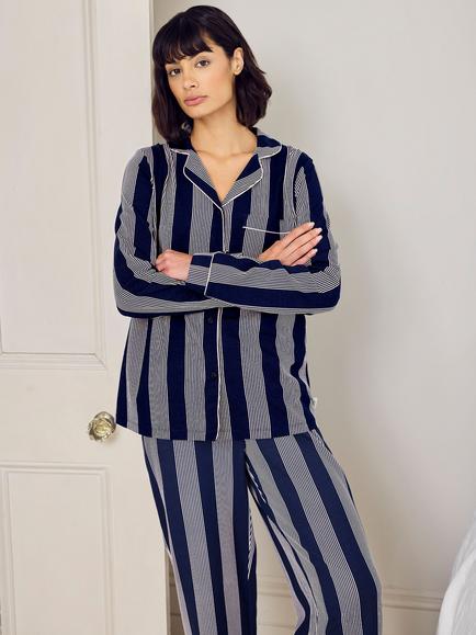 Chelsea Peers Stripe Button Through Long Pyjama Set, Navy - view 2, Navy