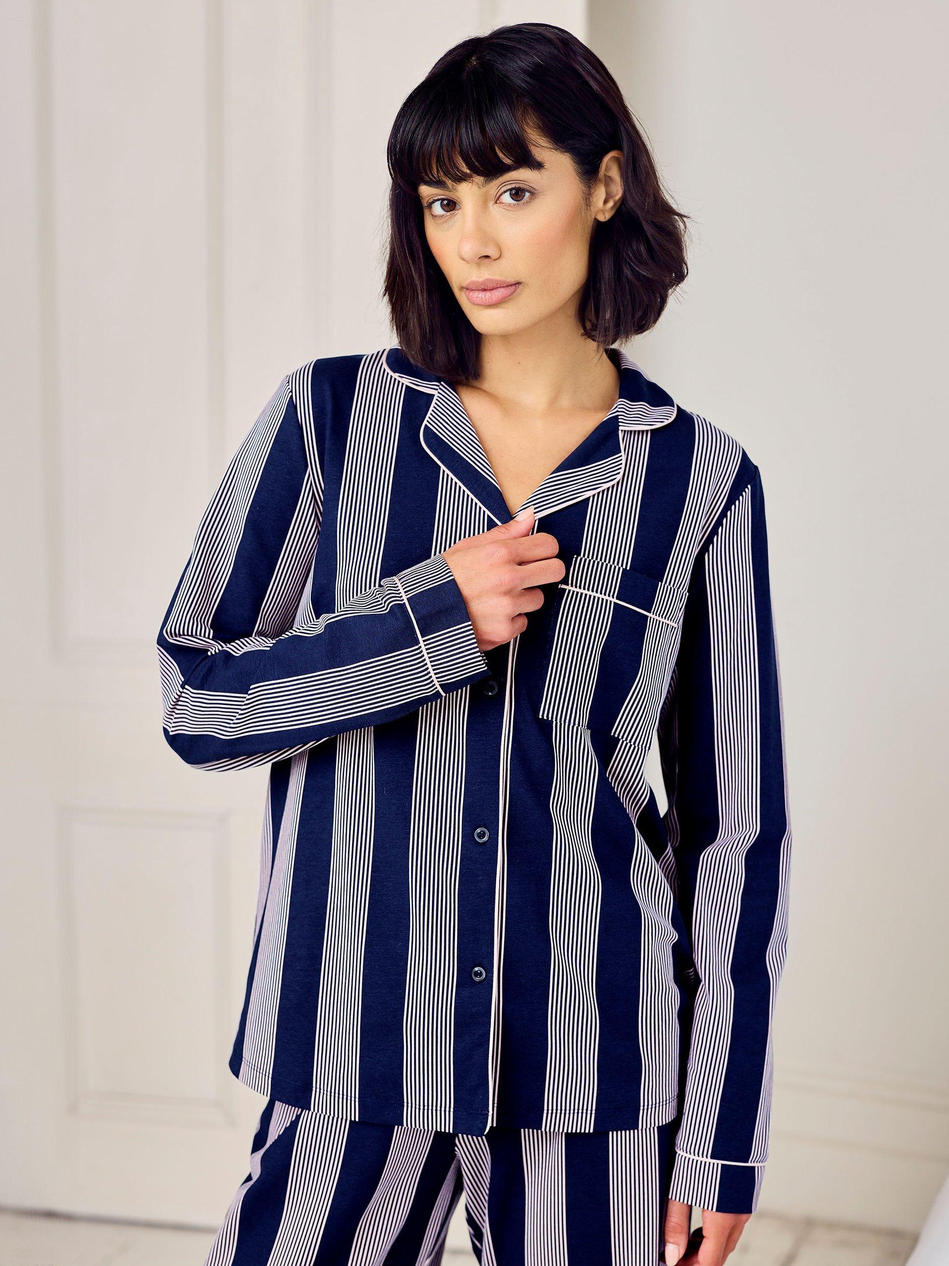 Product image 3 of 5, which shows Chelsea Peers Stripe Button Through Long Pyjama Set, Navy, 8