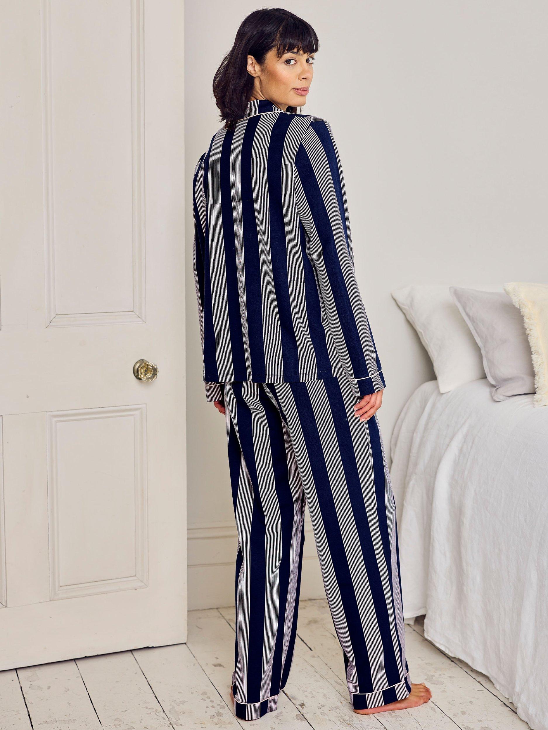 Product image 4 of 5, which shows Chelsea Peers Stripe Button Through Long Pyjama Set, Navy, 8