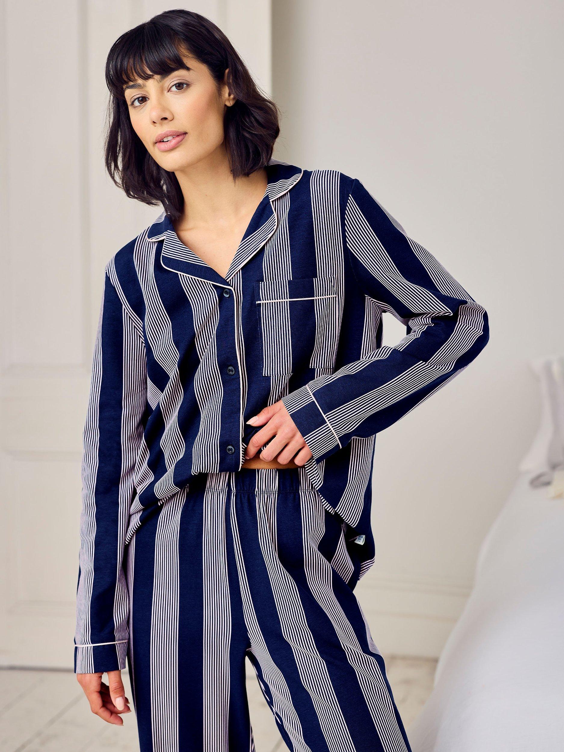 Product image 5 of 5, which shows Chelsea Peers Stripe Button Through Long Pyjama Set, Navy, 8