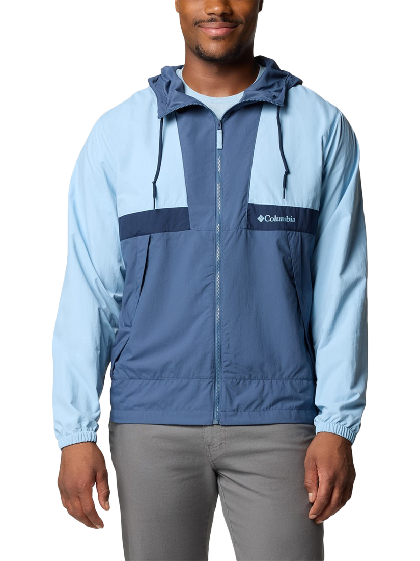 Product image 1 of 4, which shows Columbia Spire Valley Windbreaker Jacket, Ripple Blue/Dark Mountain/Navy, S