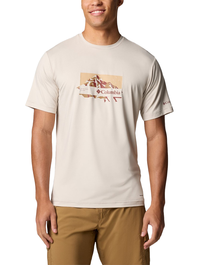 Product image 1 of 3, which shows Columbia Cotton Regular Fit Kwick Hike Graphic T-Shirt, Dark Stone Heather, S