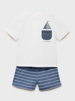 Mango Kids' Cotton Striped Boat Pyjama Set, Navy, Navy