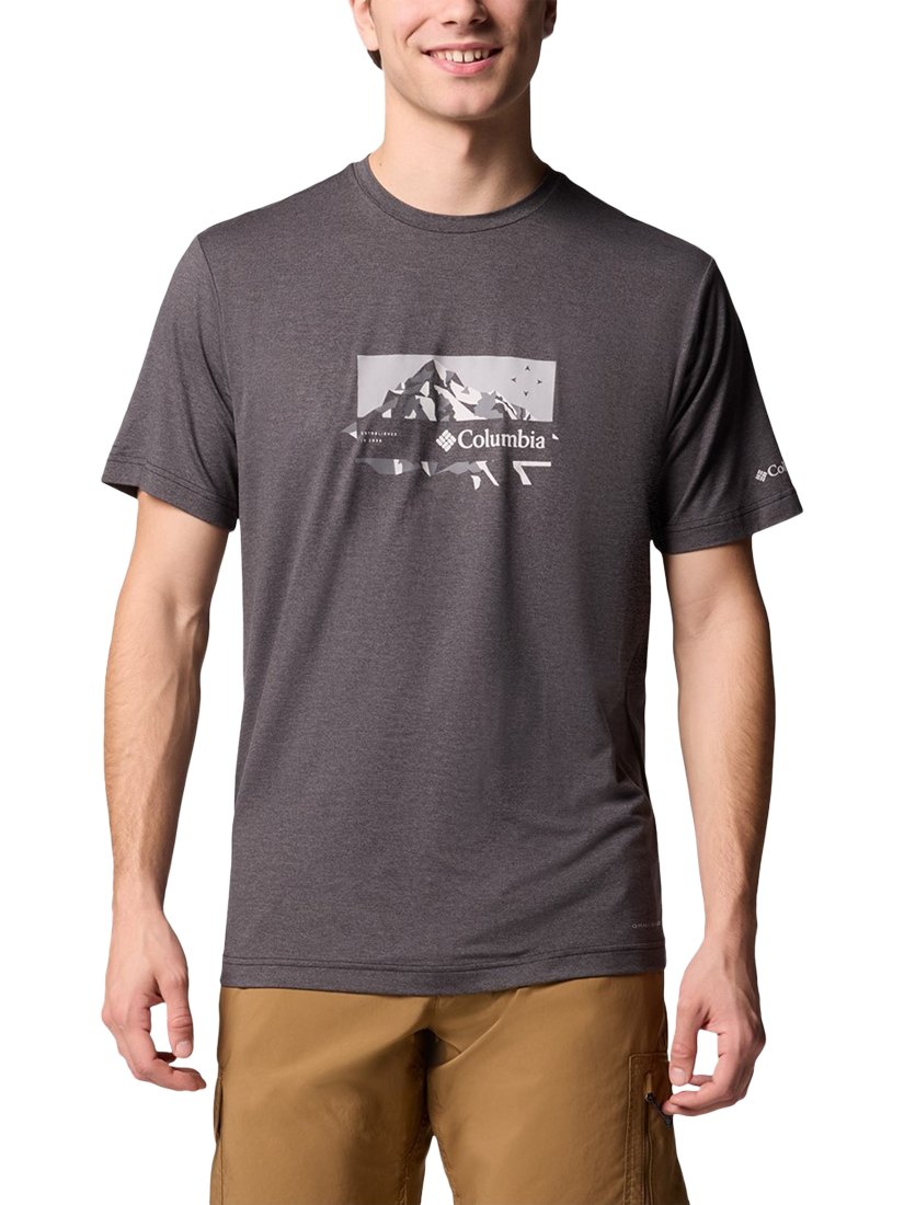 Product image 1 of 3, which shows Columbia Cotton Regular Fit Kwick Hike Graphic T-Shirt, Black Heather/Peak Direction, S