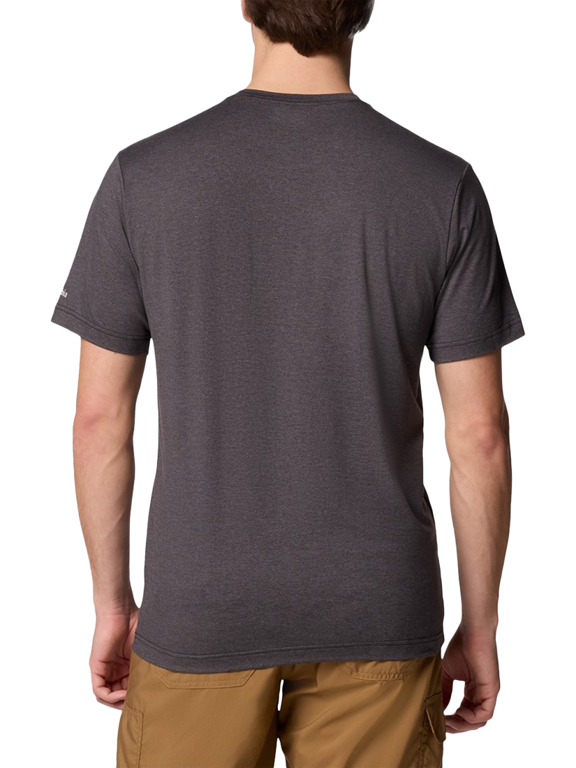 Product image 2 of 3, which shows Columbia Cotton Regular Fit Kwick Hike Graphic T-Shirt, Black Heather/Peak Direction, S