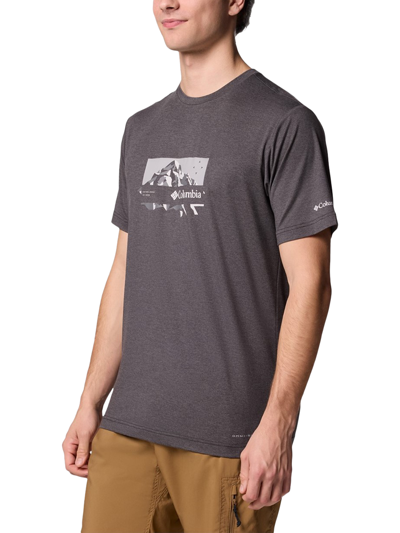 Product image 3 of 3, which shows Columbia Cotton Regular Fit Kwick Hike Graphic T-Shirt, Black Heather/Peak Direction, S