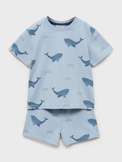 Mango Kids' Whale Print Cotton Short Pyjama Set, Medium Blue, Medium Blue