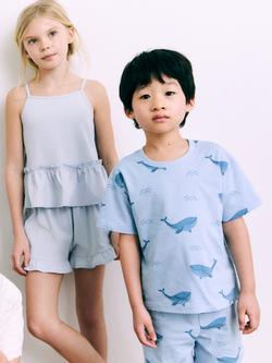 Mango Kids' Whale Print Cotton Short Pyjama Set, Medium Blue - view 2, Medium Blue