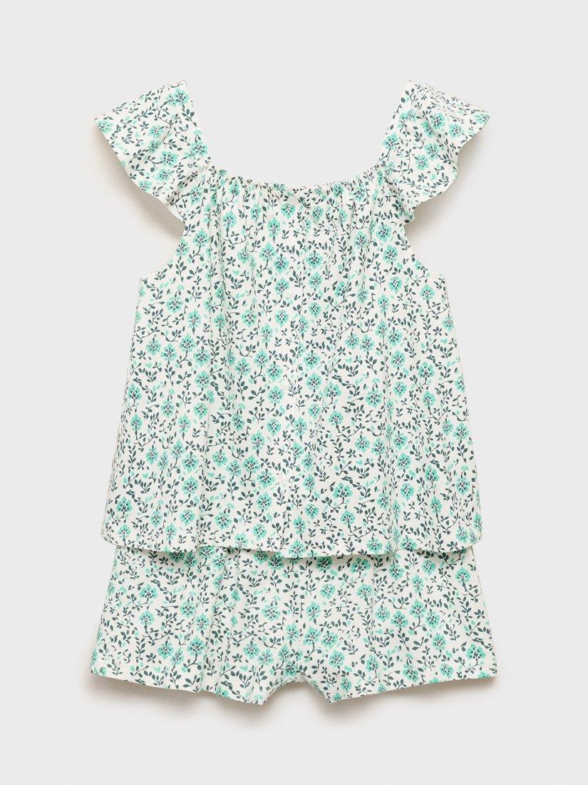 Product image 1 of 4, which shows Mango Kids' Salty Cotton Floral Pyjama Set, Green, 11-12 years