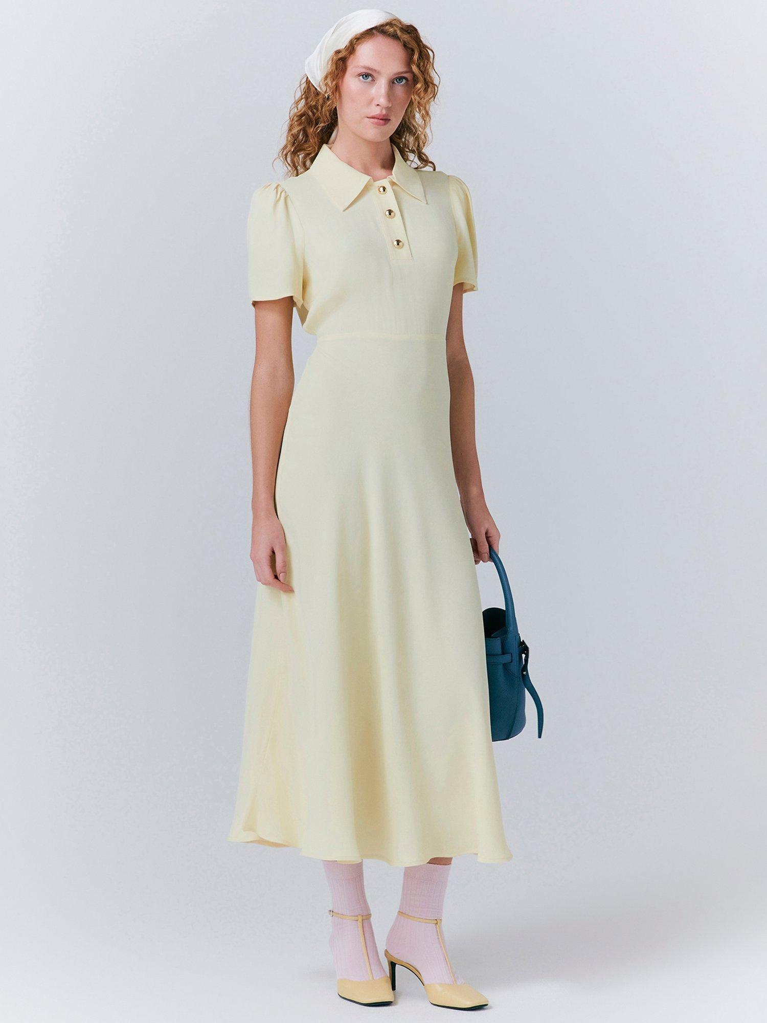 Product image 2 of 5, which shows Ghost Verity Puffed Sleeve Collared Button Detail Fitted Midi Dress, Yellow, S