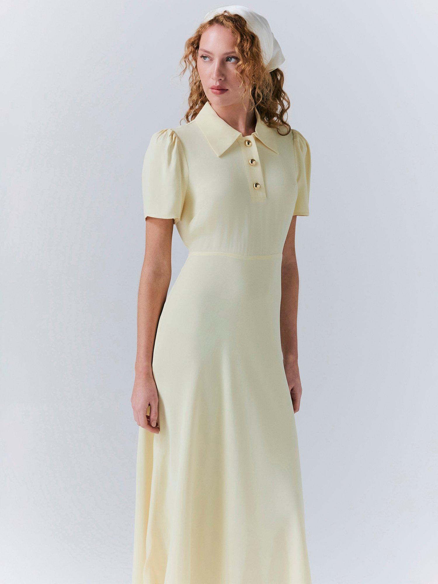 Product image 3 of 5, which shows Ghost Verity Puffed Sleeve Collared Button Detail Fitted Midi Dress, Yellow, S