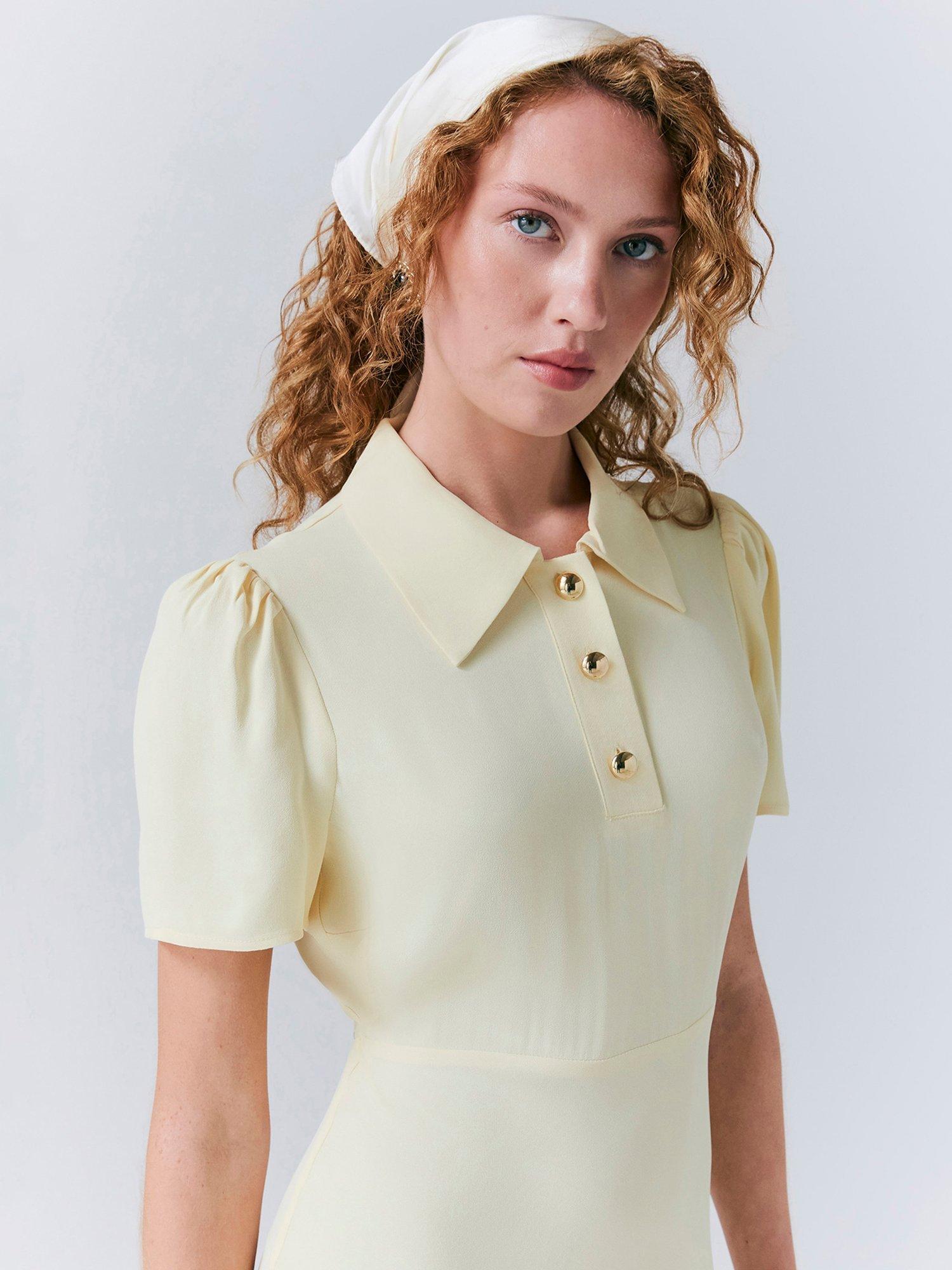 Product image 4 of 5, which shows Ghost Verity Puffed Sleeve Collared Button Detail Fitted Midi Dress, Yellow, S