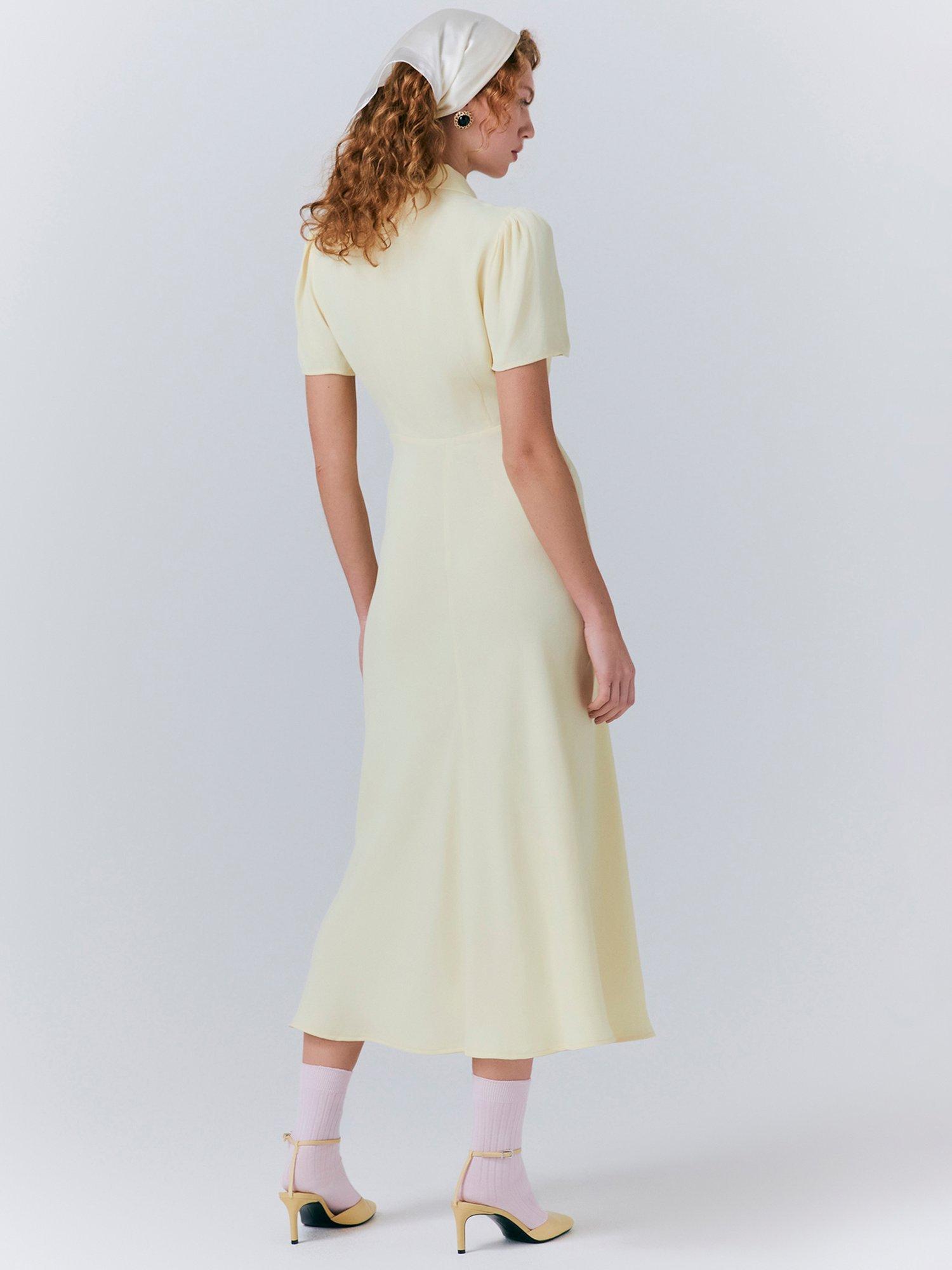 Product image 5 of 5, which shows Ghost Verity Puffed Sleeve Collared Button Detail Fitted Midi Dress, Yellow, S