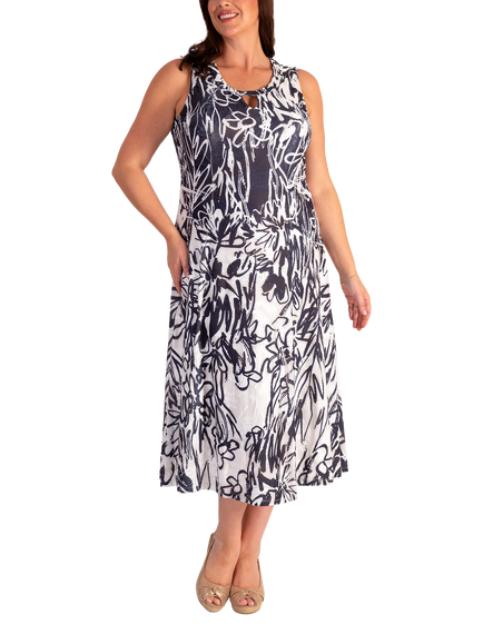 chesca Floral Scribble Print Sleeveless Mesh Dress, White/Midnight, White/Midnight